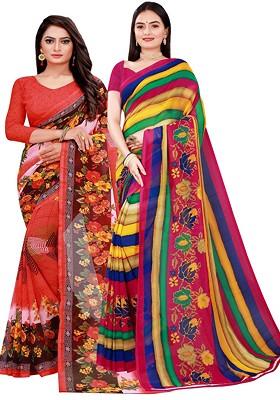 Navy Blue Embroidered Georgette Saree Set (Set Of 2)