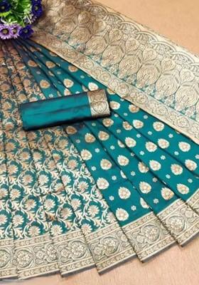 Teal Green woven Silk Saree Set