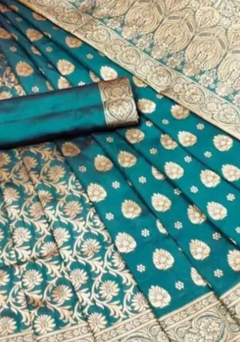Teal Green woven Silk Saree Set
