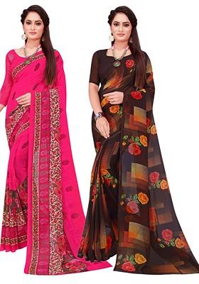 Magenta Printed Georgette Saree Set (Set Of 2)