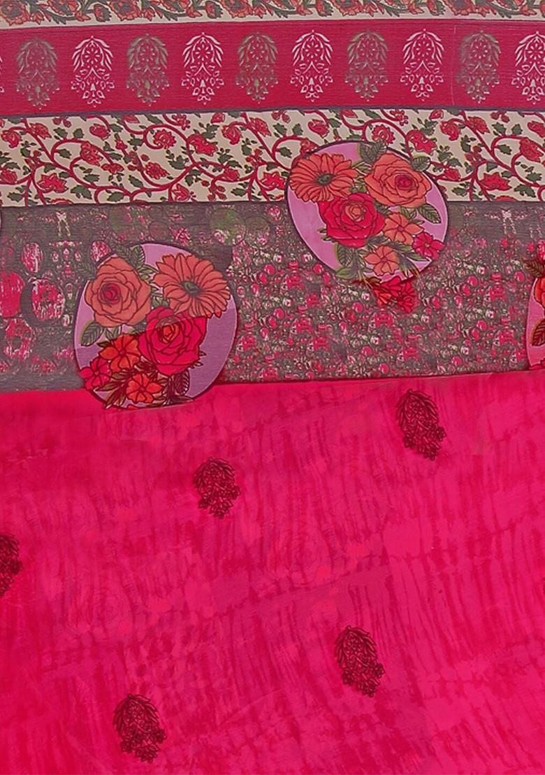 Magenta Printed Georgette Saree Set (Set Of 2)
