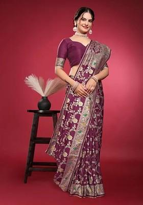 Burgundy woven Silk Saree Set