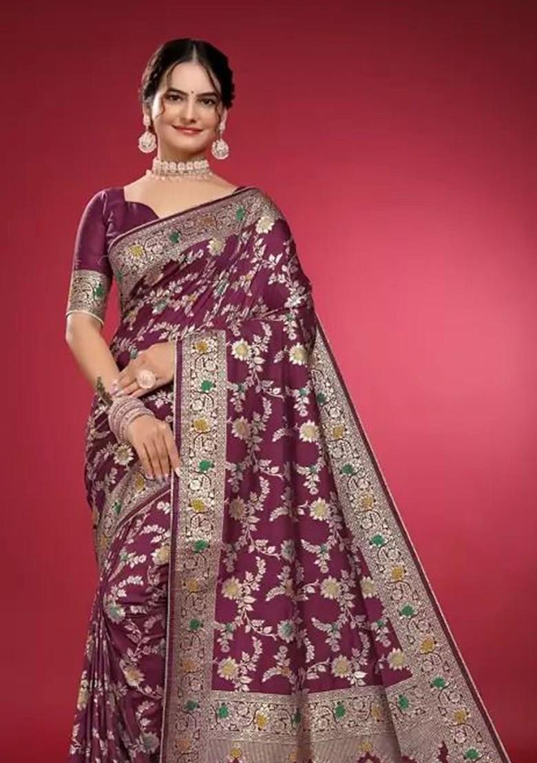 Burgundy woven Silk Saree Set