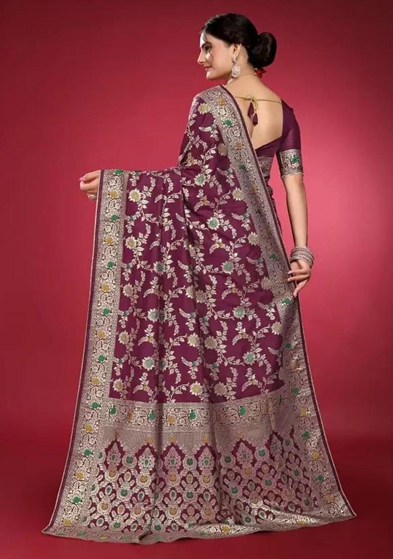 Burgundy woven Silk Saree Set