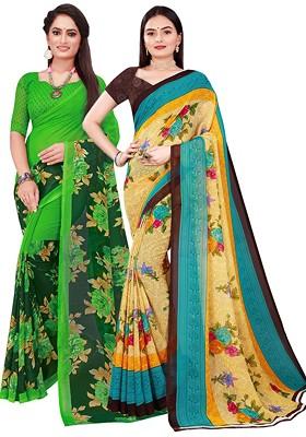 Beige Floral Georgette Saree Set (Set Of 2)