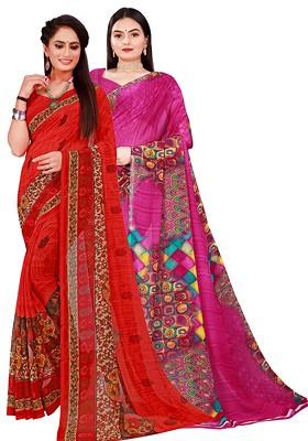 Magenta Embroidered Georgette Saree Set (Set Of 2)