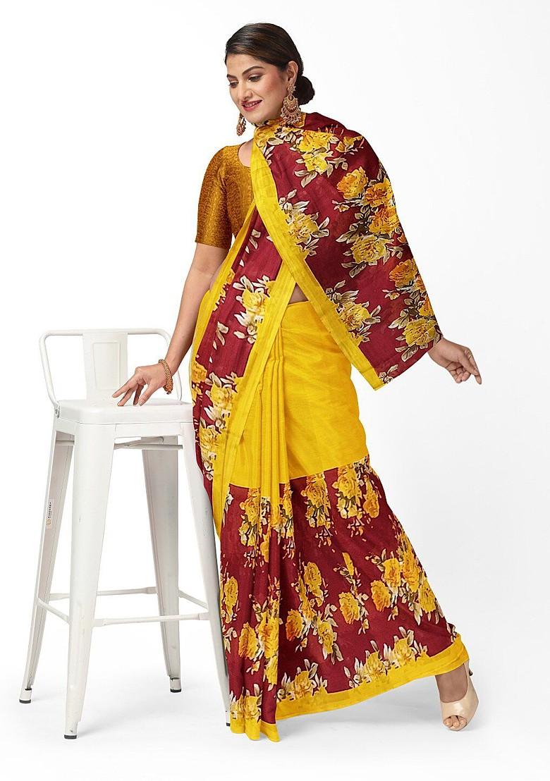 Yellow Floral Georgette Saree Set