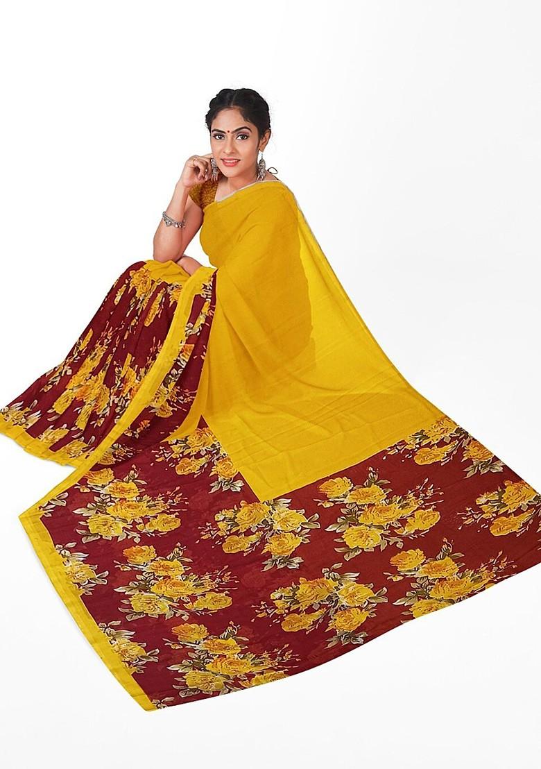 Yellow Floral Georgette Saree Set