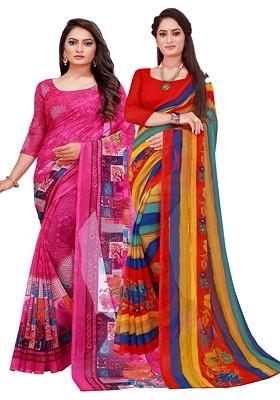 Multi Embroidered Georgette Saree Set (Set Of 2)