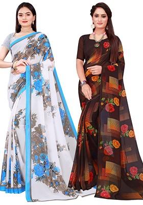 Black Embroidered Georgette Saree Set (Set Of 2)