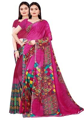 Magenta Printed Georgette Saree Set (Set Of 2)