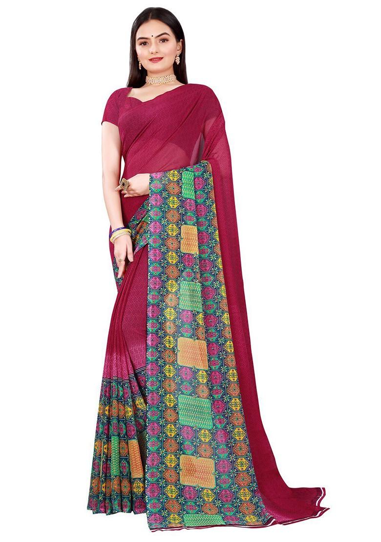 Magenta Printed Georgette Saree Set (Set Of 2)