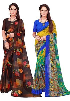 Black Printed Georgette Saree Set (Set Of 2)