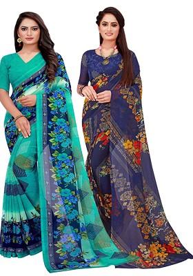 Turquoise Blue Floral Georgette Saree Set (Set Of 2)
