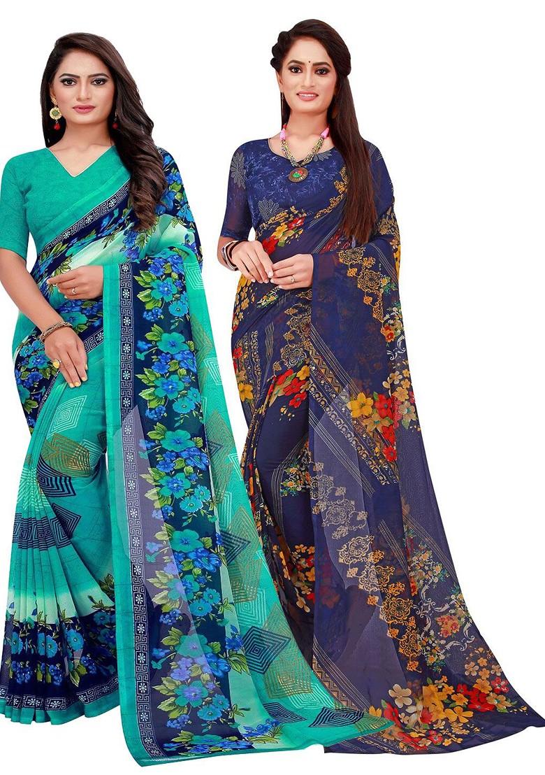 Turquoise Blue Floral Georgette Saree Set (Set Of 2)
