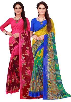 Magenta Printed Georgette Saree Set (Set Of 2)
