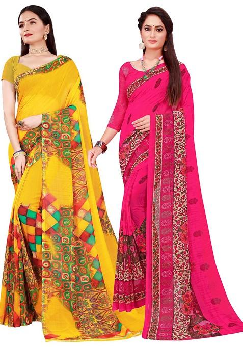 Yellow Embroidered Georgette Saree Set