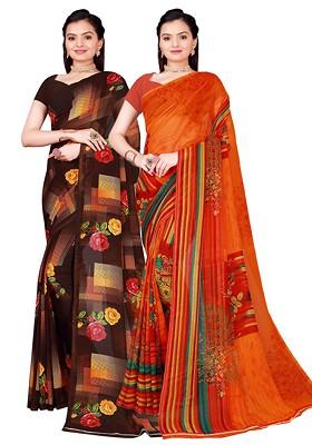 Orange Embroidered Georgette Saree Set (Set Of 2)