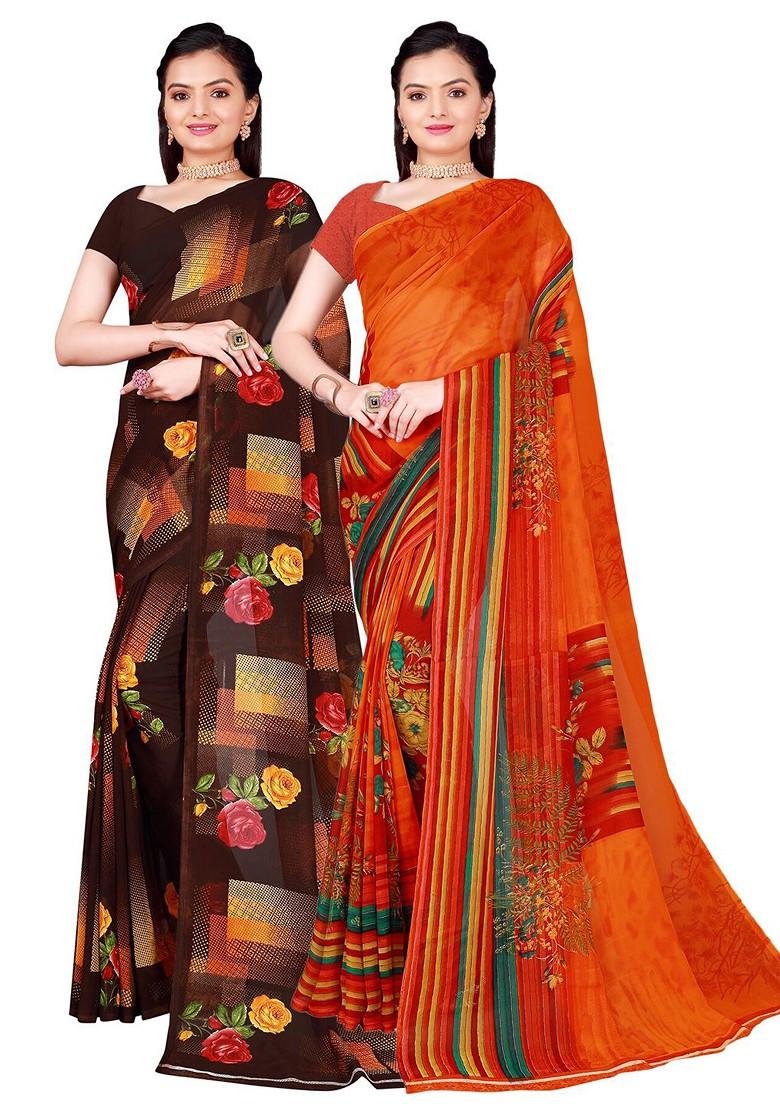 Orange Embroidered Georgette Saree Set (Set Of 2)