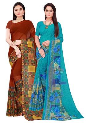 Brown Floral Georgette Saree Set (Set Of 2)