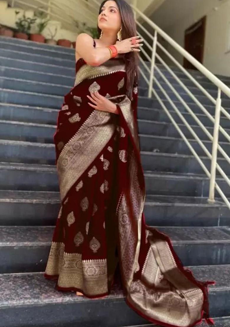 Maroon woven Kanjeevaram Saree Set