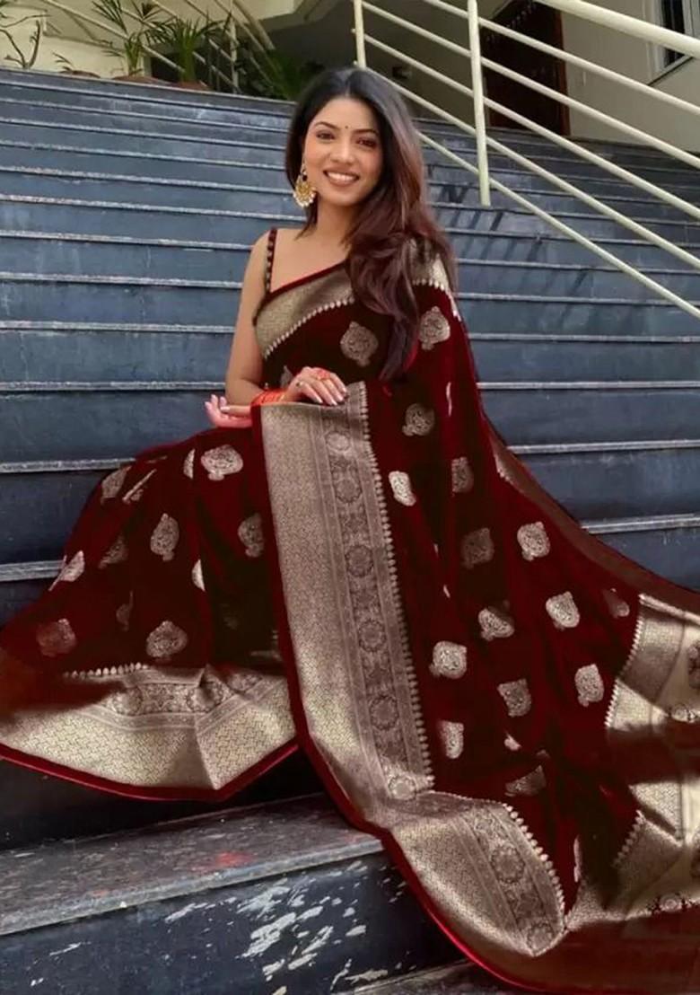 Maroon woven Kanjeevaram Saree Set