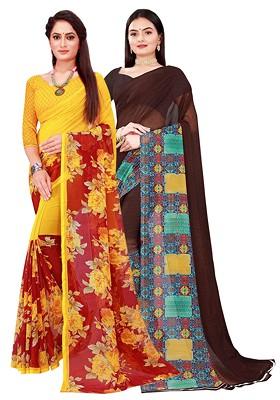 Brown Embroidered Georgette Saree Set