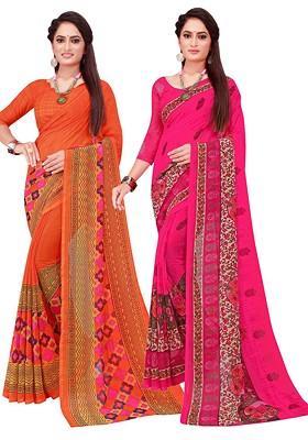 Orange Floral Georgette Saree Set (Set Of 2)