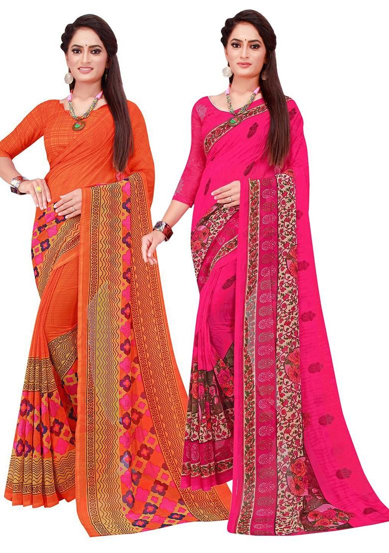 Orange Floral Georgette Saree Set (Set Of 2)