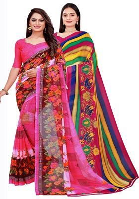 Pink Floral Georgette Saree Set (Set Of 2)
