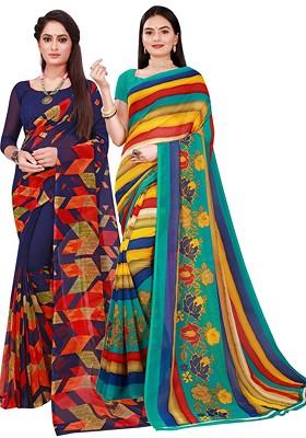 Navy Blue Floral Georgette Saree Set (Set Of 2)