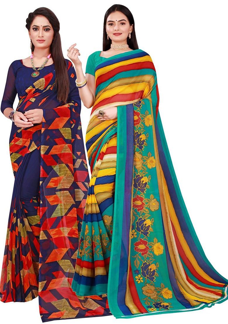 Navy Blue Floral Georgette Saree Set (Set Of 2)