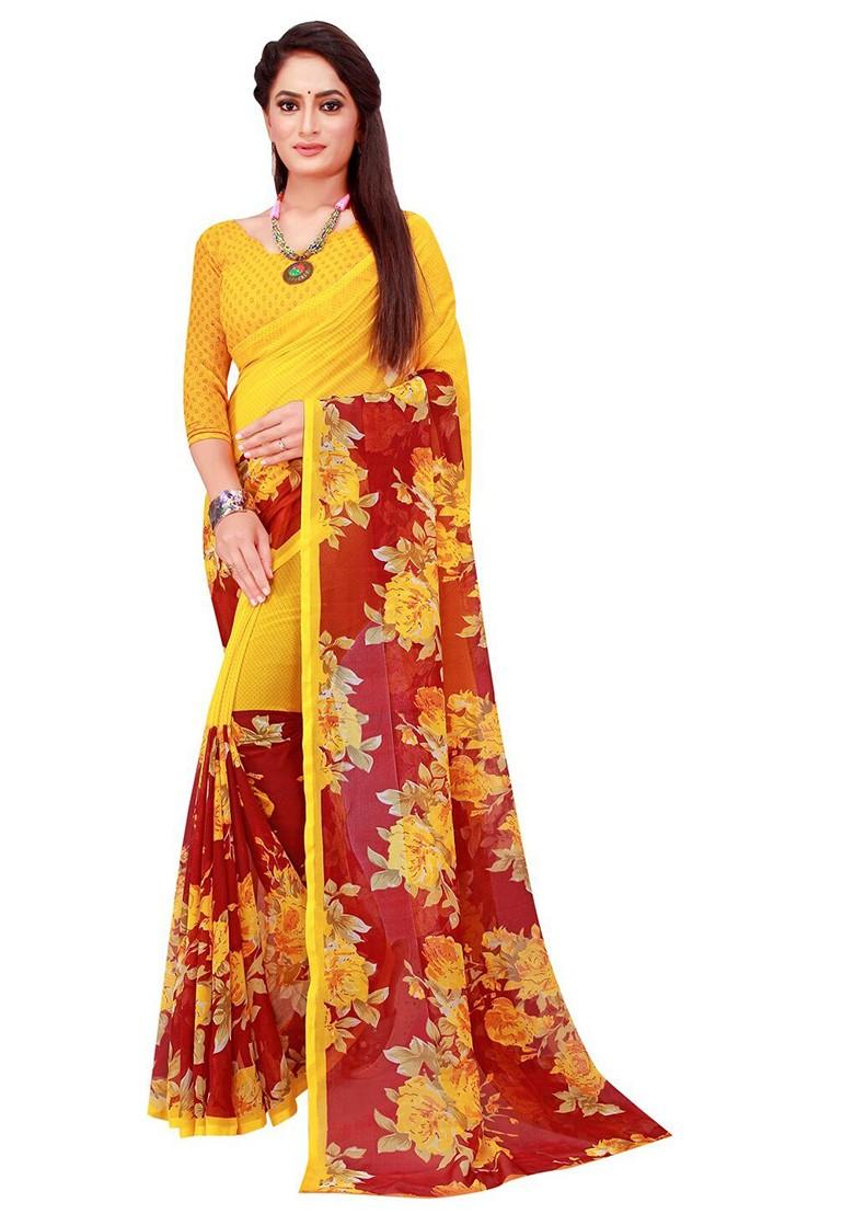 Red Embroidered Poly Blend Saree Set