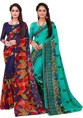 Navy Blue Embroidered Georgette Saree Set (Set Of 2)