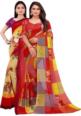 Beige Printed Georgette Saree Set (Set Of 2)