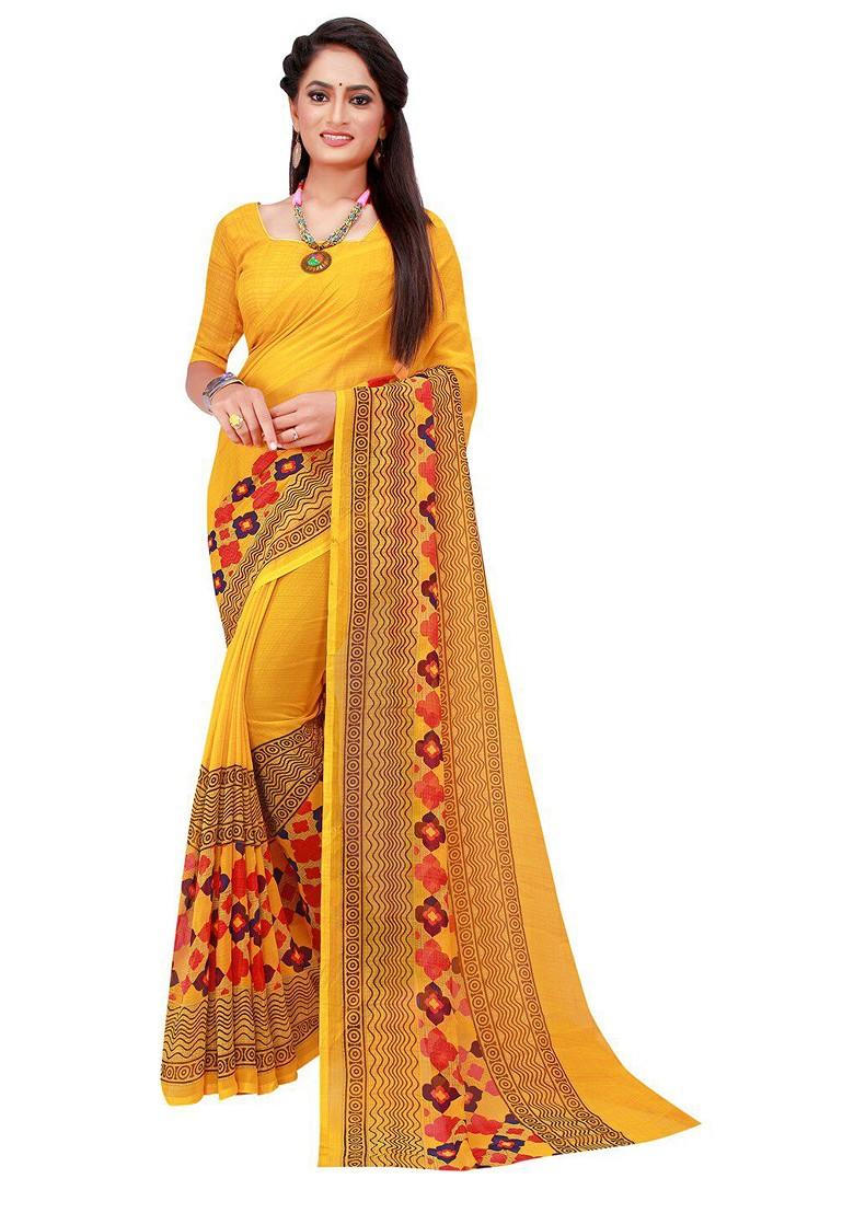 Yellow Printed Georgette Saree Set