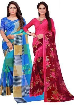 Blue Printed Georgette Saree Set (Set Of 2)