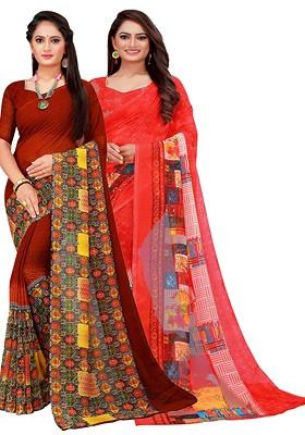 Red Printed Georgette Saree Set (Set Of 2)
