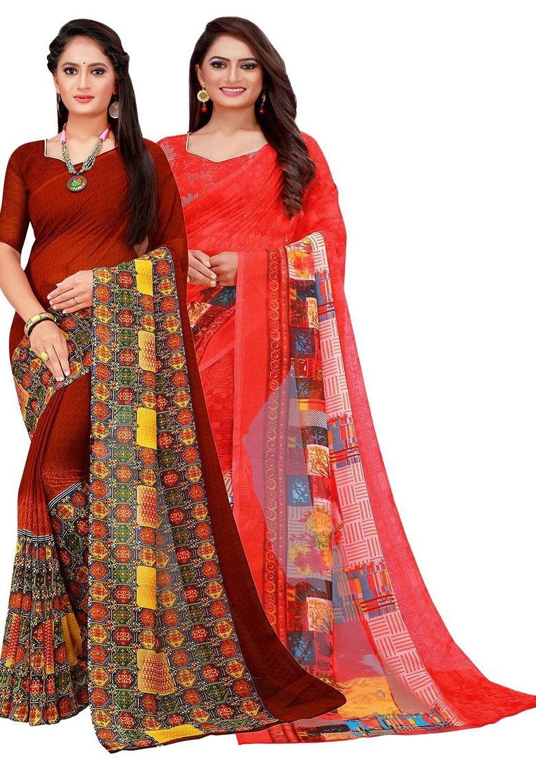 Red Printed Georgette Saree Set (Set Of 2)