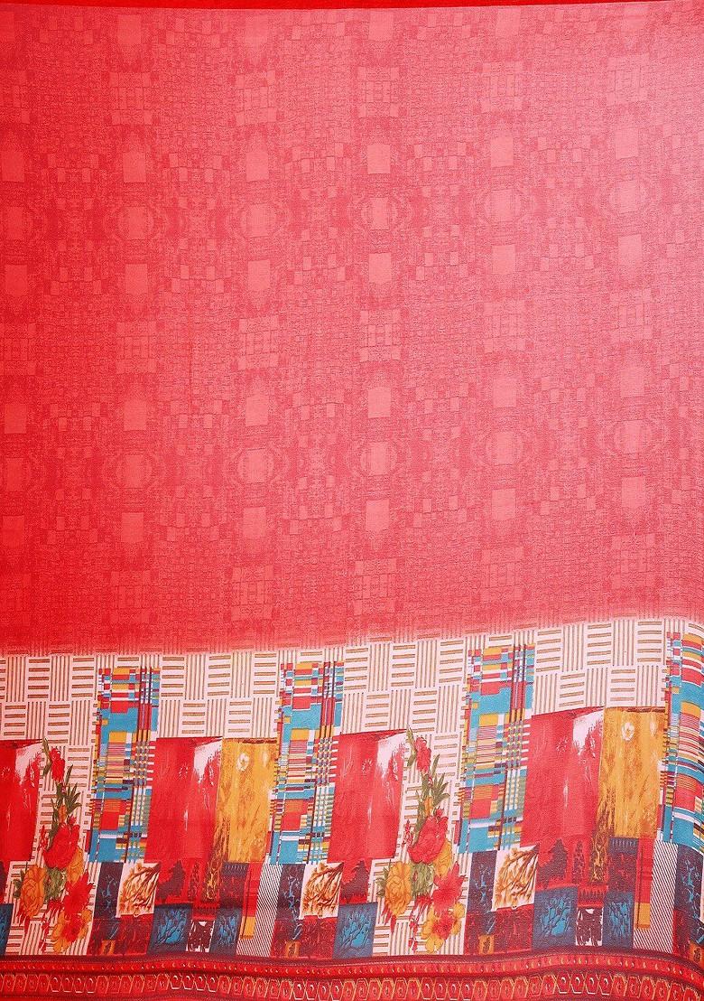 Red Printed Georgette Saree Set (Set Of 2)