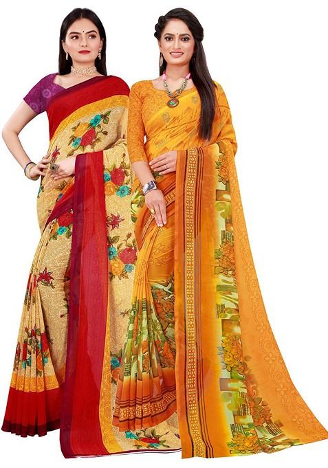 Yellow Floral Georgette Saree Set
