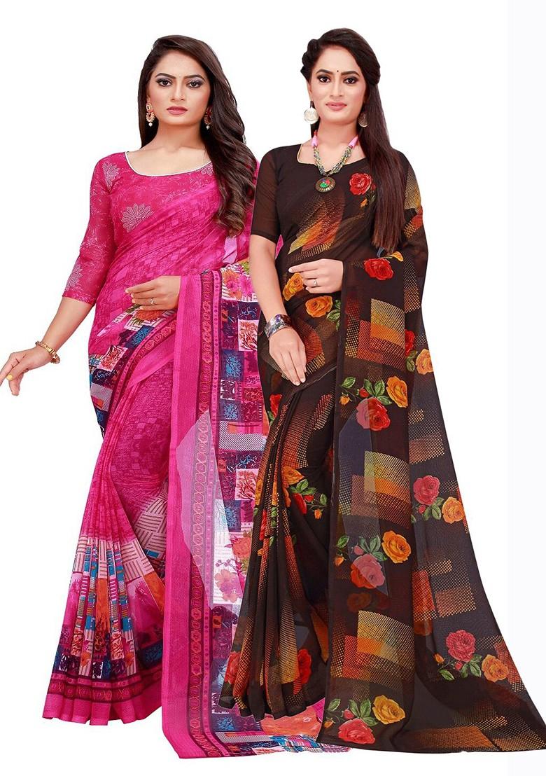 Magenta Printed Georgette Saree Set (Set Of 2)