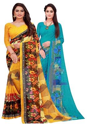 Teal Green Floral Poly Blend Saree Set (Set Of 2)