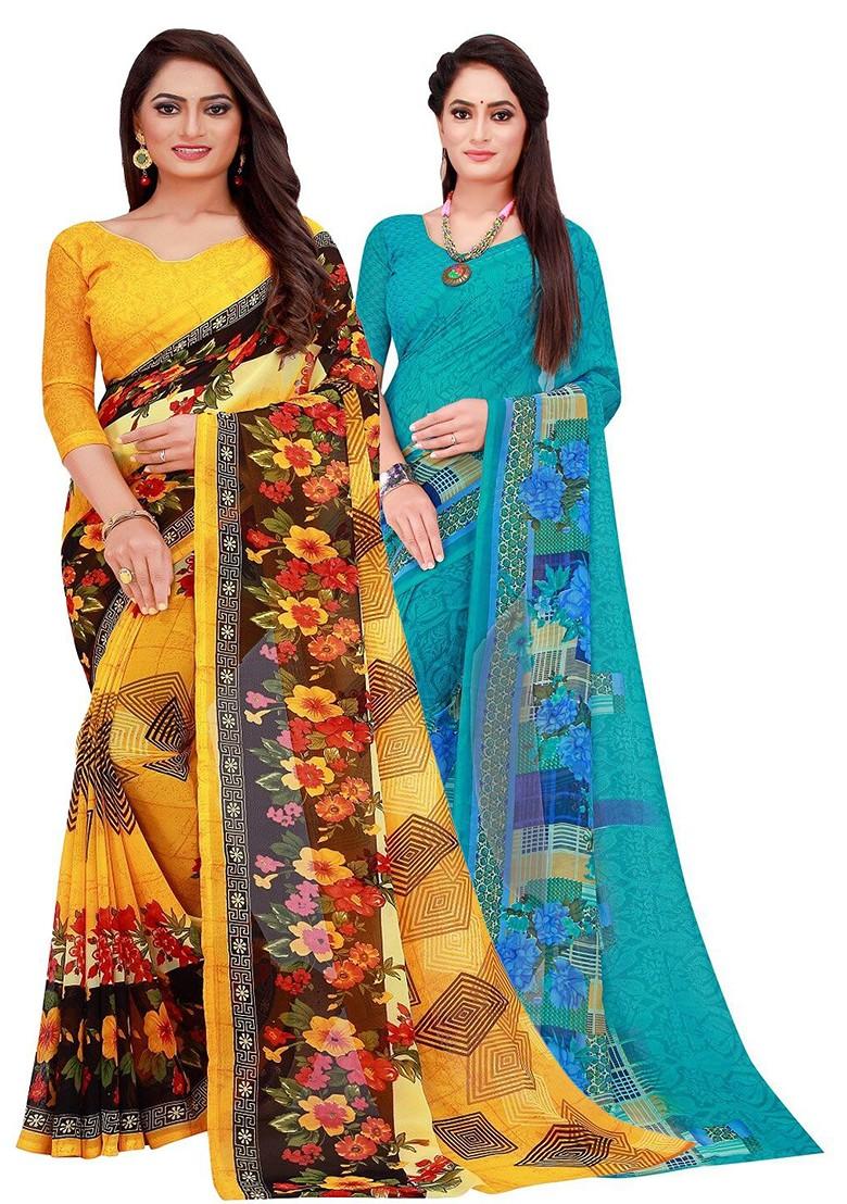 Teal Green Floral Poly Blend Saree Set (Set Of 2)