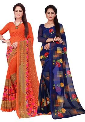 Orange Printed Georgette Saree Set (Set Of 2)