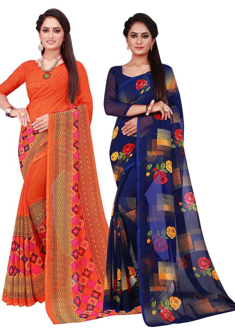 Orange Printed Georgette Saree Set (Set Of 2)