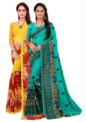 Turquoise Blue Embroidered Poly Blend Saree Set