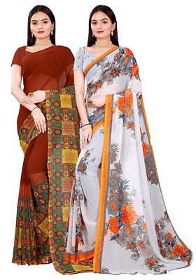 Brown Embroidered Georgette Saree Set (Set Of 2)