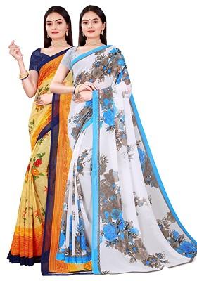White Printed Georgette Saree Set (Set Of 2)