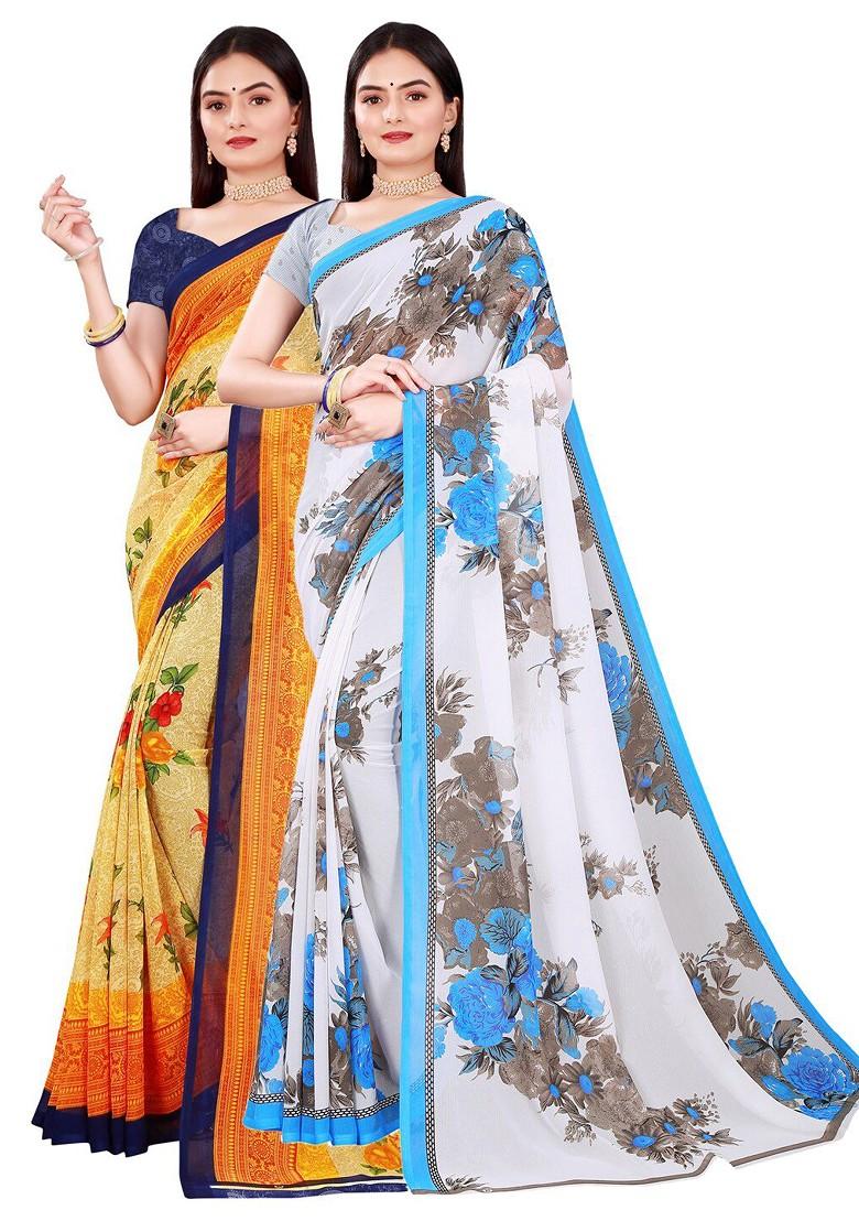 White Printed Georgette Saree Set (Set Of 2)